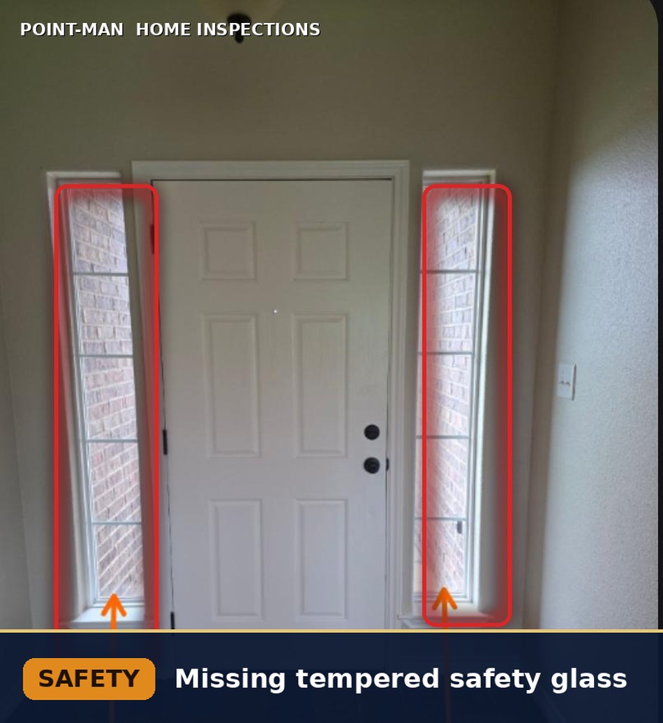 Missing tempered safety glass at entry door sidelights